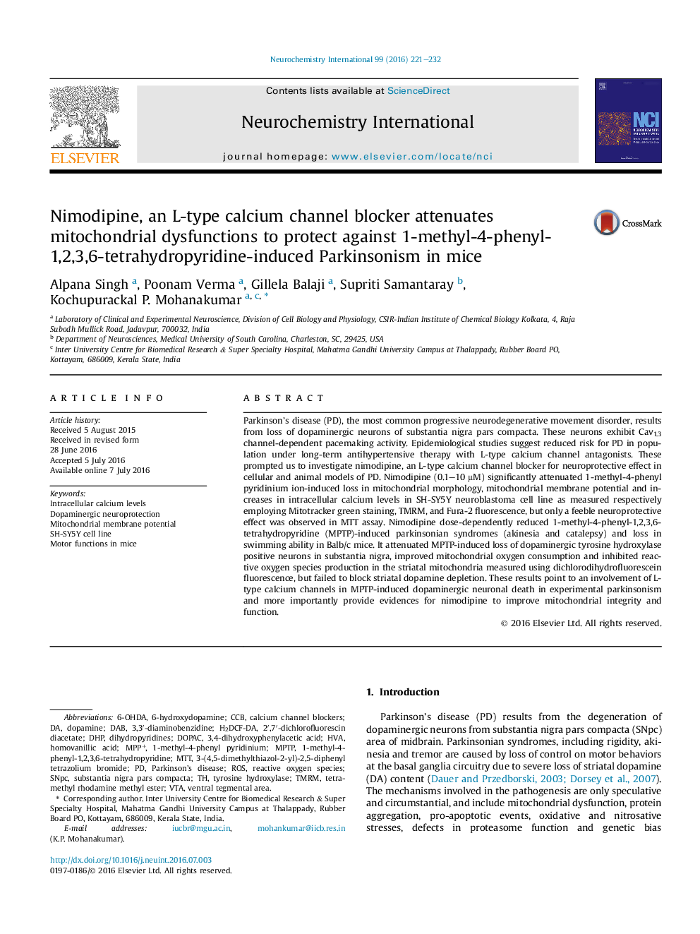 Nimodipine, an L-type calcium channel blocker attenuates mitochondrial dysfunctions to protect against 1-methyl-4-phenyl-1,2,3,6-tetrahydropyridine-induced Parkinsonism in mice