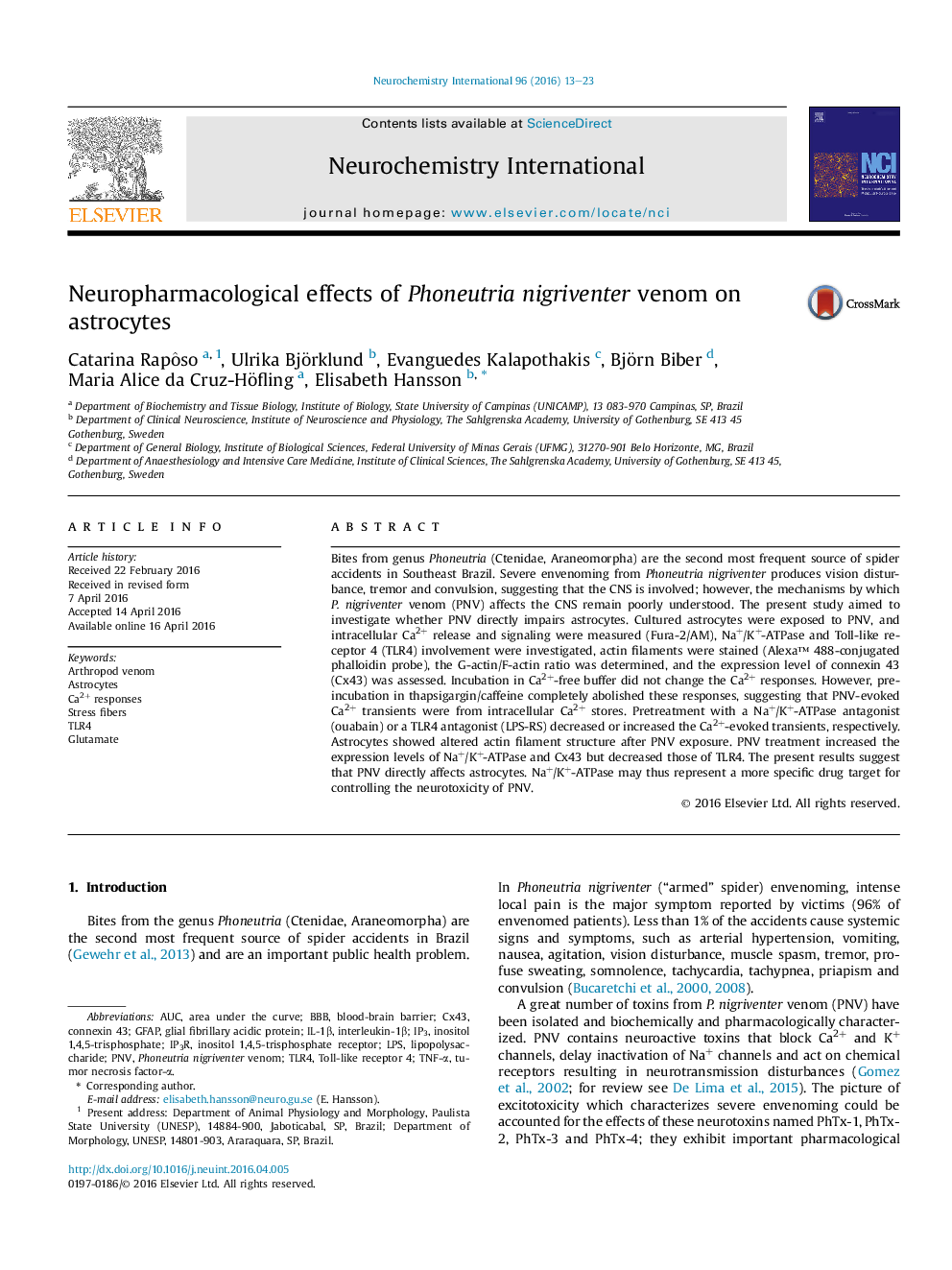 Neuropharmacological effects of Phoneutria nigriventer venom on astrocytes