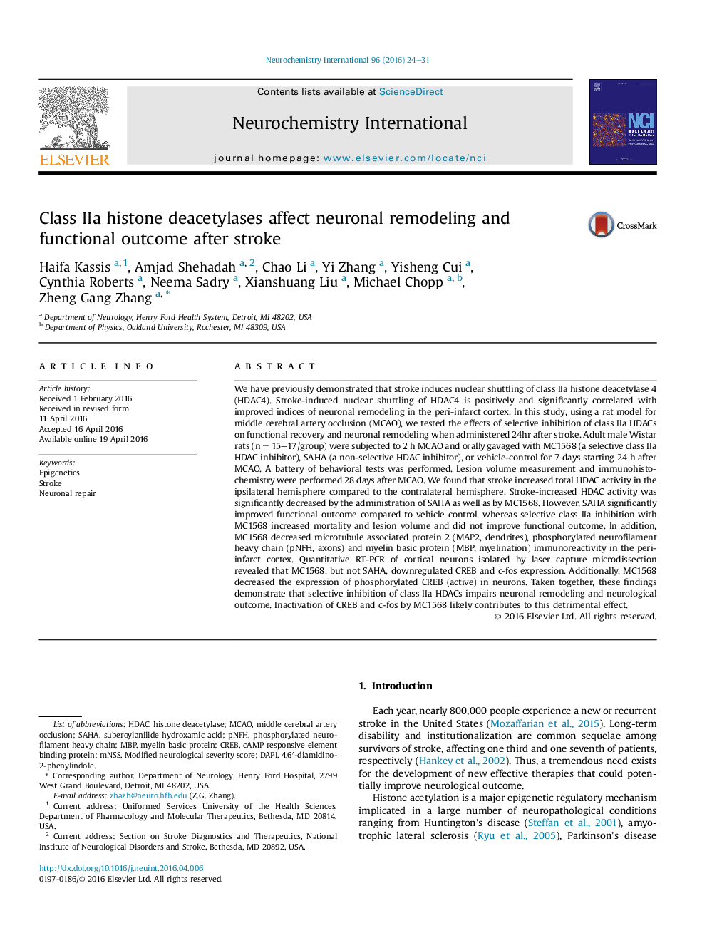 Class IIa histone deacetylases affect neuronal remodeling and functional outcome after stroke