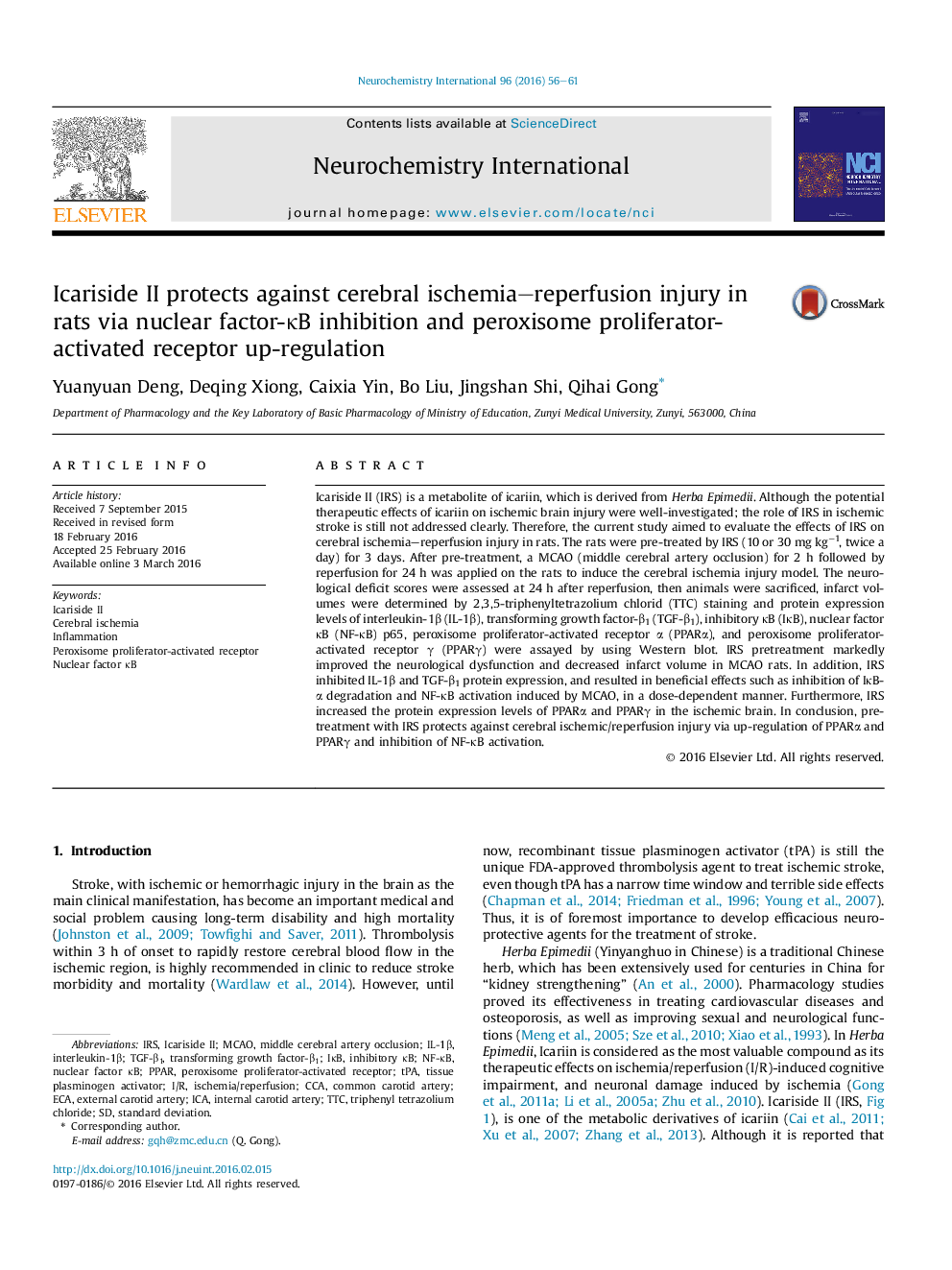 Icariside II protects against cerebral ischemia–reperfusion injury in rats via nuclear factor-κB inhibition and peroxisome proliferator-activated receptor up-regulation