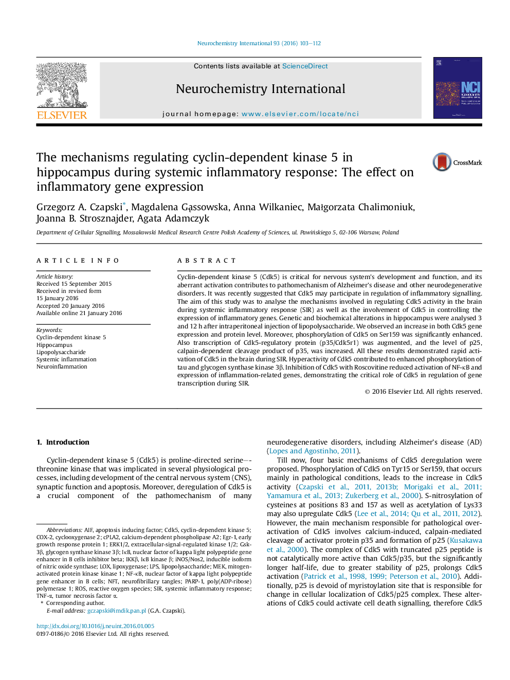 The mechanisms regulating cyclin-dependent kinase 5 in hippocampus during systemic inflammatory response: The effect on inflammatory gene expression