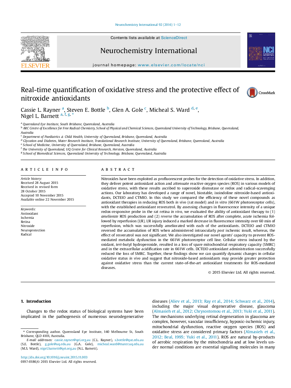 اندازه گیری زمان واقعی از استرس اکسیداتیو و اثر محافظتی آنتی اکسیدان های نیتروکسید 