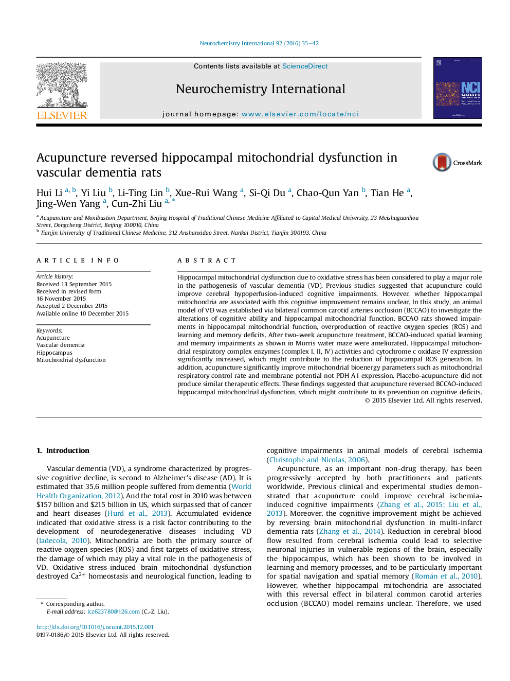 Acupuncture reversed hippocampal mitochondrial dysfunction in vascular dementia rats