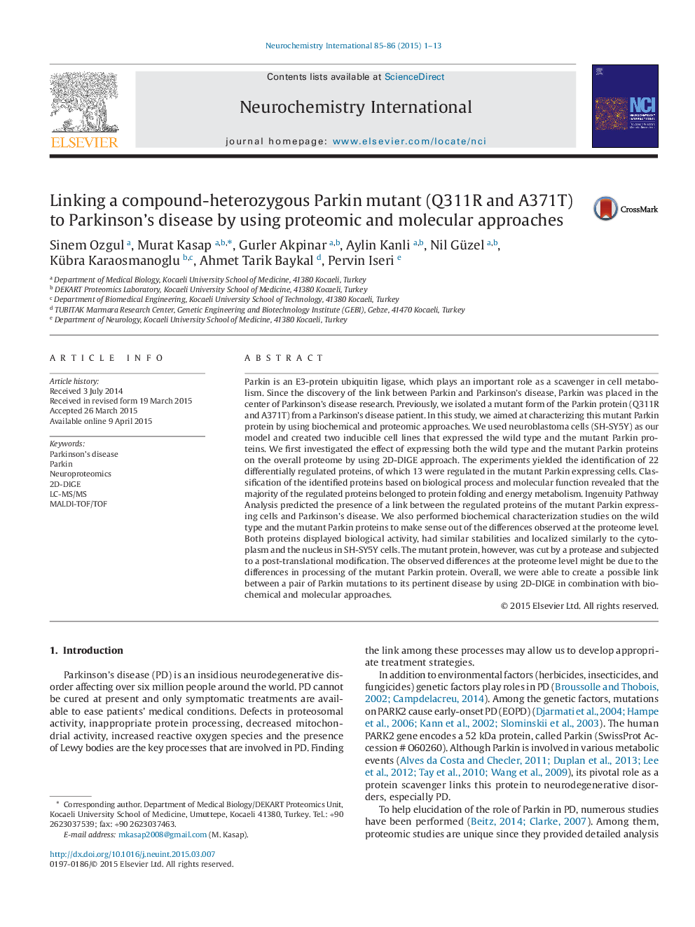 Linking a compound-heterozygous Parkin mutant (Q311R and A371T) to Parkinson's disease by using proteomic and molecular approaches