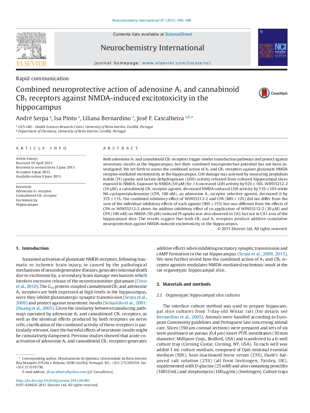 Combined neuroprotective action of adenosine A1 and cannabinoid CB1 receptors against NMDA-induced excitotoxicity in the hippocampus