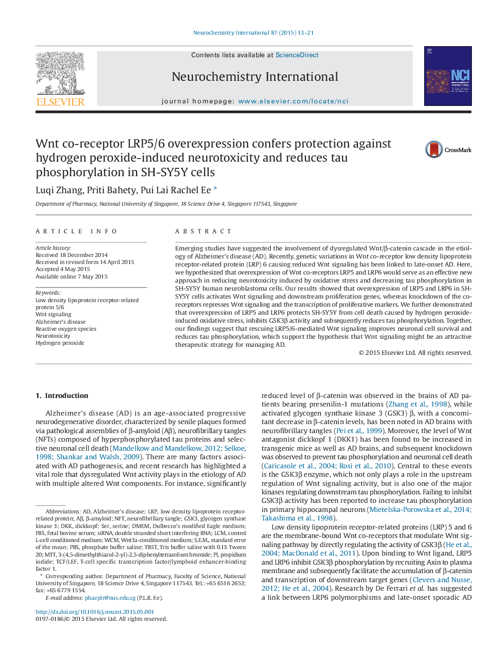 Wnt co-receptor LRP5/6 overexpression confers protection against hydrogen peroxide-induced neurotoxicity and reduces tau phosphorylation in SH-SY5Y cells