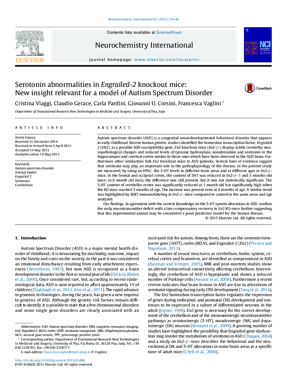 Serotonin abnormalities in Engrailed-2 knockout mice: New insight relevant for a model of Autism Spectrum Disorder