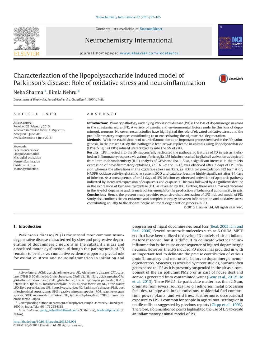 Characterization of the lipopolysaccharide induced model of Parkinson's disease: Role of oxidative stress and neuroinflammation