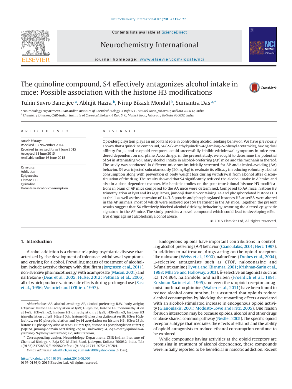 The quinoline compound, S4 effectively antagonizes alcohol intake in mice: Possible association with the histone H3 modifications