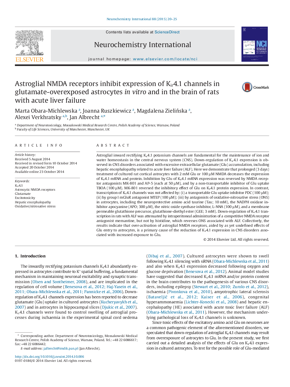 Astroglial NMDA receptors inhibit expression of Kir4.1 channels in glutamate-overexposed astrocytes in vitro and in the brain of rats with acute liver failure