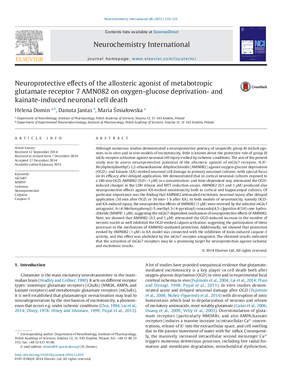 Neuroprotective effects of the allosteric agonist of metabotropic glutamate receptor 7 AMN082 on oxygen-glucose deprivation- and kainate-induced neuronal cell death