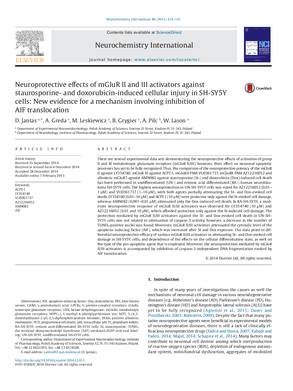 Neuroprotective effects of mGluR II and III activators against staurosporine- and doxorubicin-induced cellular injury in SH-SY5Y cells: New evidence for a mechanism involving inhibition of AIF translocation