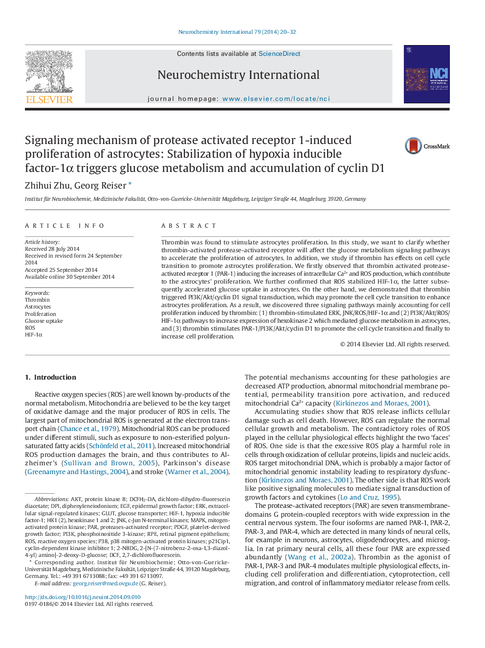 Signaling mechanism of protease activated receptor 1-induced proliferation of astrocytes: Stabilization of hypoxia inducible factor-1α triggers glucose metabolism and accumulation of cyclin D1