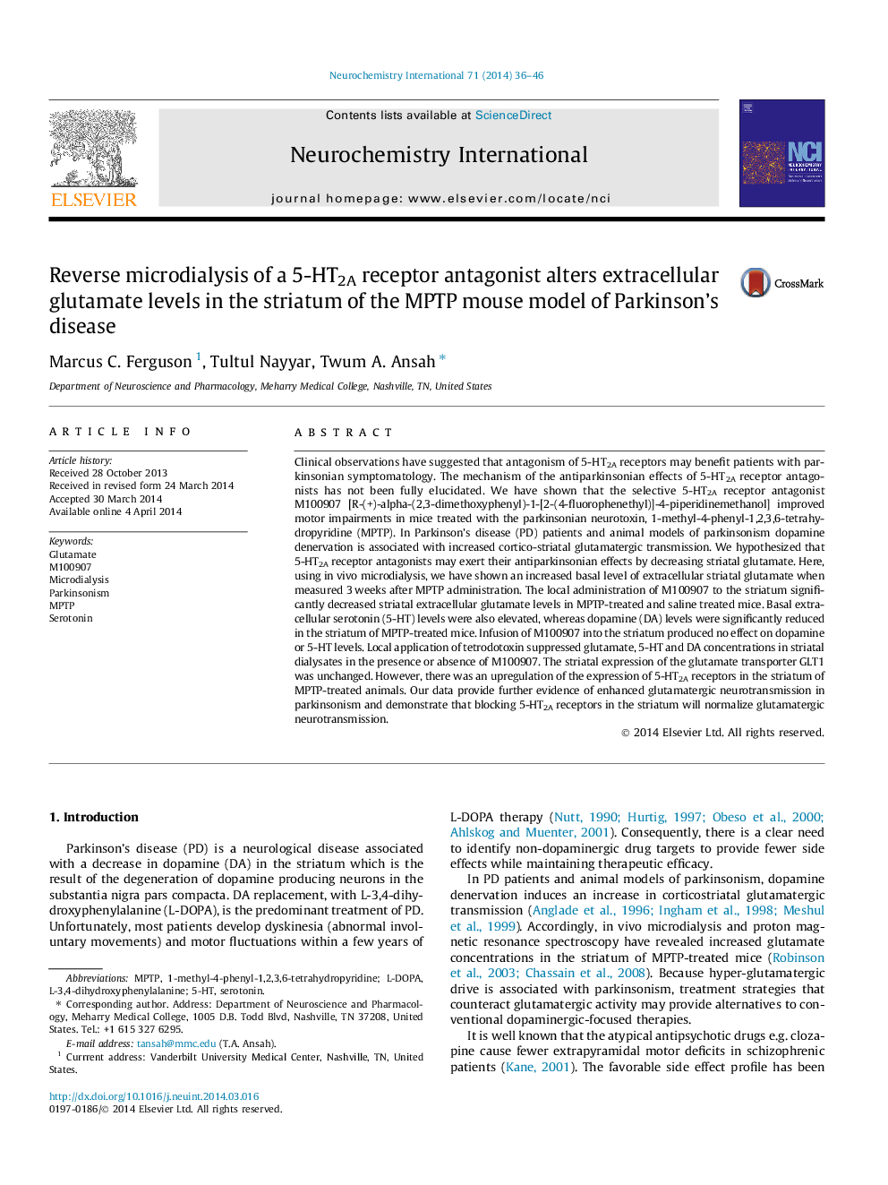 Reverse microdialysis of a 5-HT2A receptor antagonist alters extracellular glutamate levels in the striatum of the MPTP mouse model of Parkinson’s disease