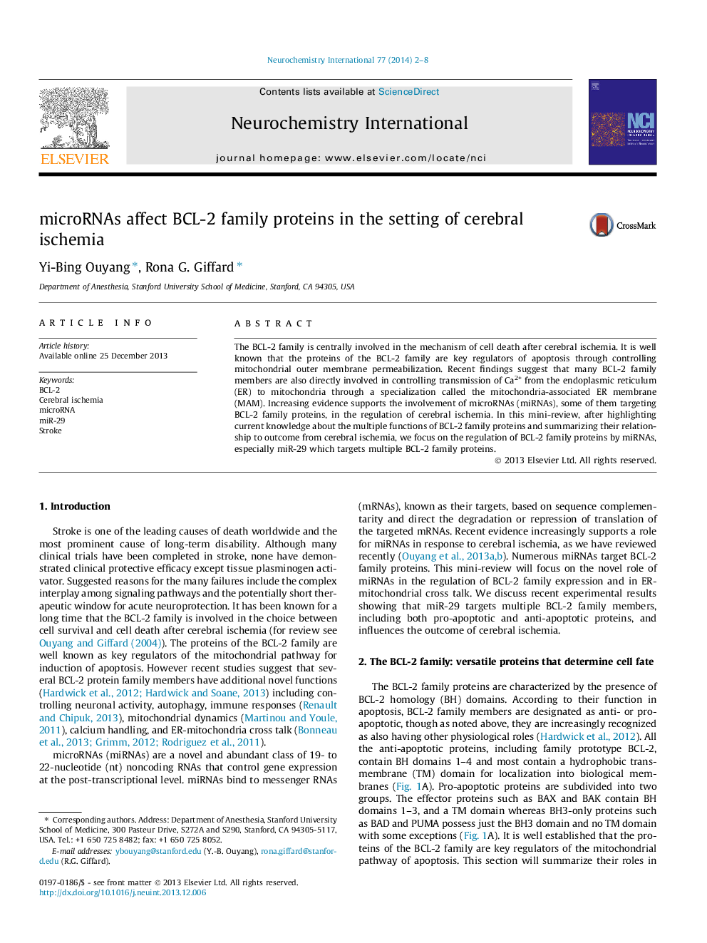 microRNAs affect BCL-2 family proteins in the setting of cerebral ischemia