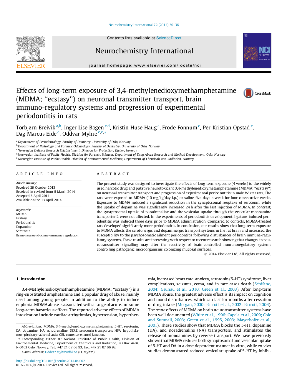 Effects of long-term exposure of 3,4-methylenedioxymethamphetamine (MDMA; “ecstasy”) on neuronal transmitter transport, brain immuno-regulatory systems and progression of experimental periodontitis in rats