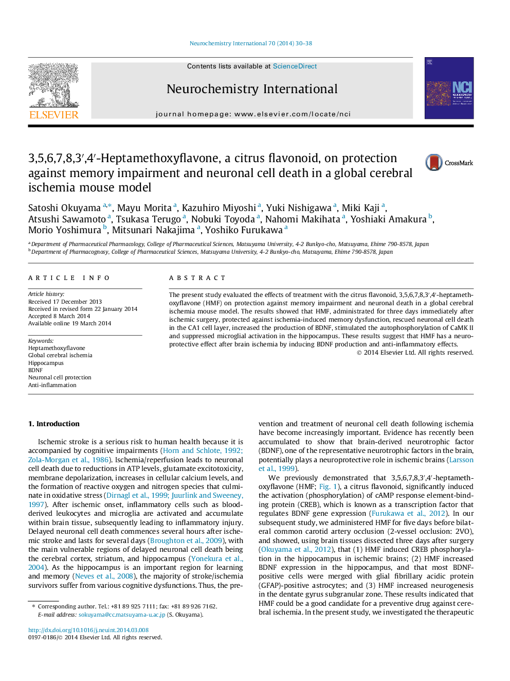 3,5,6,7,8,3′,4′-Heptamethoxyflavone, a citrus flavonoid, on protection against memory impairment and neuronal cell death in a global cerebral ischemia mouse model