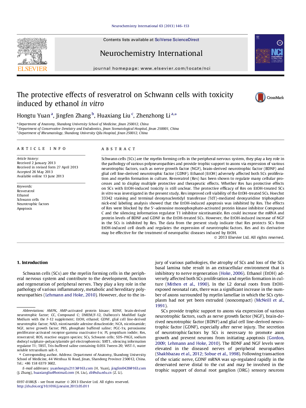 The protective effects of resveratrol on Schwann cells with toxicity induced by ethanol in vitro