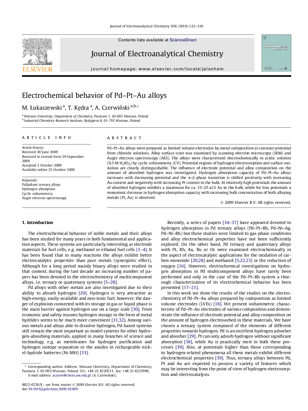 Electrochemical behavior of Pd–Pt–Au alloys