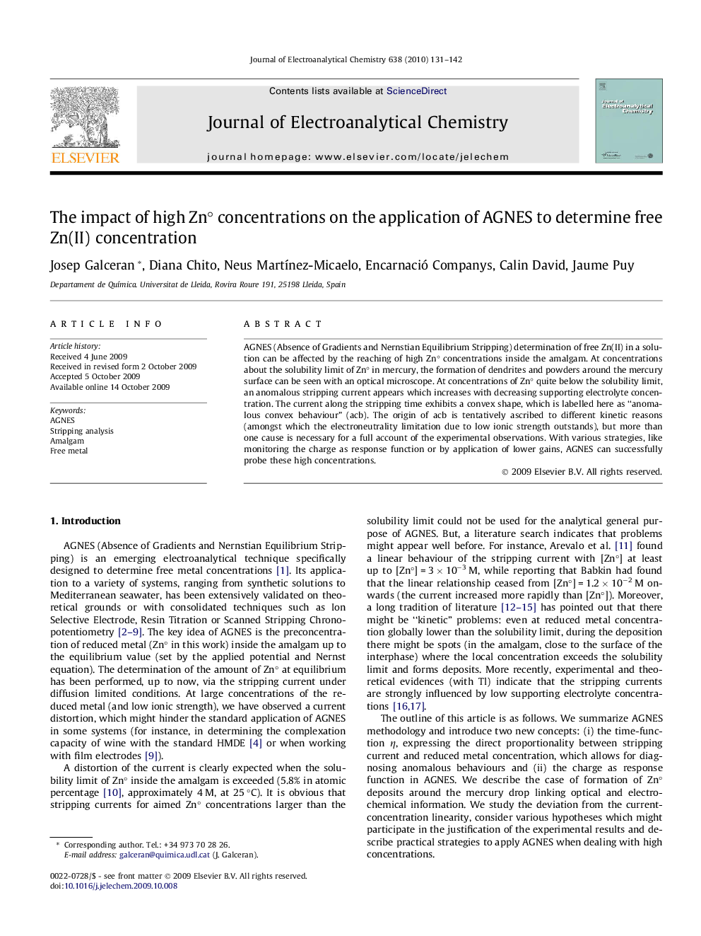 The impact of high Zn° concentrations on the application of AGNES to determine free Zn(II) concentration