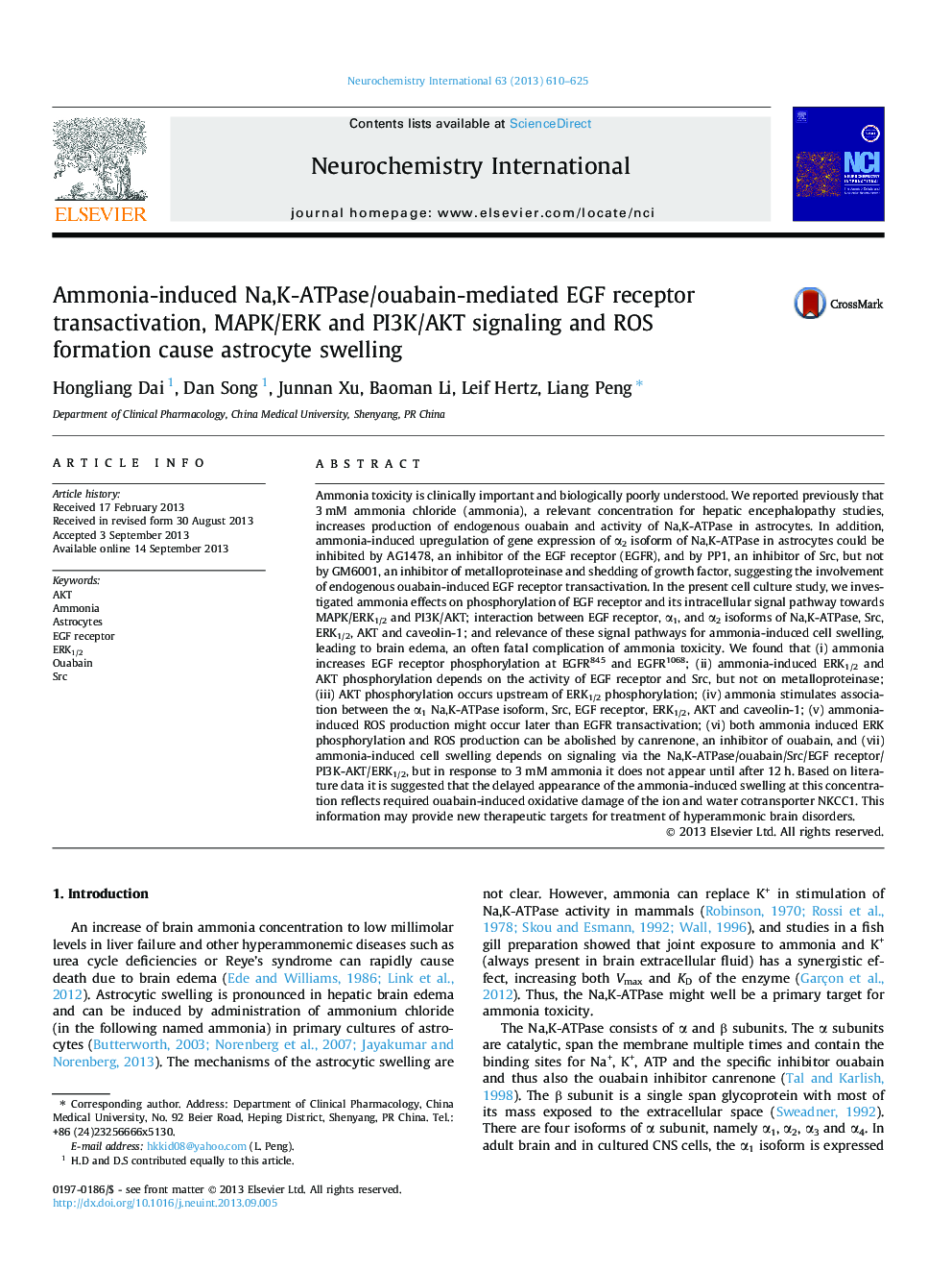 Ammonia-induced Na,K-ATPase/ouabain-mediated EGF receptor transactivation, MAPK/ERK and PI3K/AKT signaling and ROS formation cause astrocyte swelling