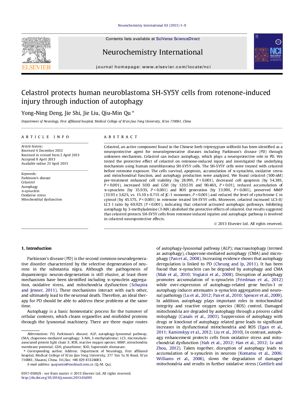 Celastrol protects human neuroblastoma SH-SY5Y cells from rotenone-induced injury through induction of autophagy