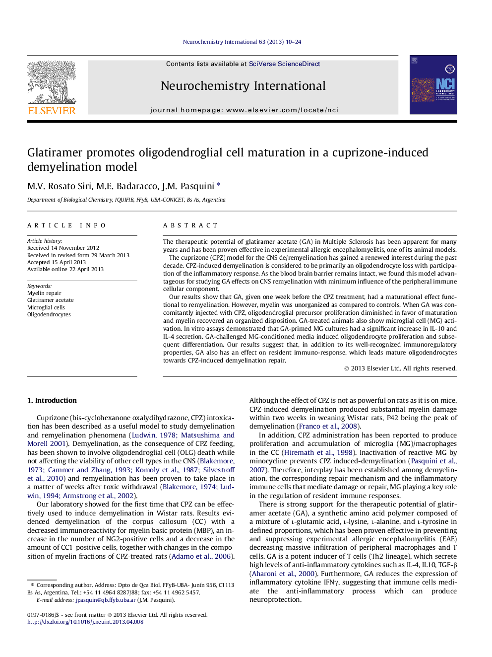 Glatiramer promotes oligodendroglial cell maturation in a cuprizone-induced demyelination model