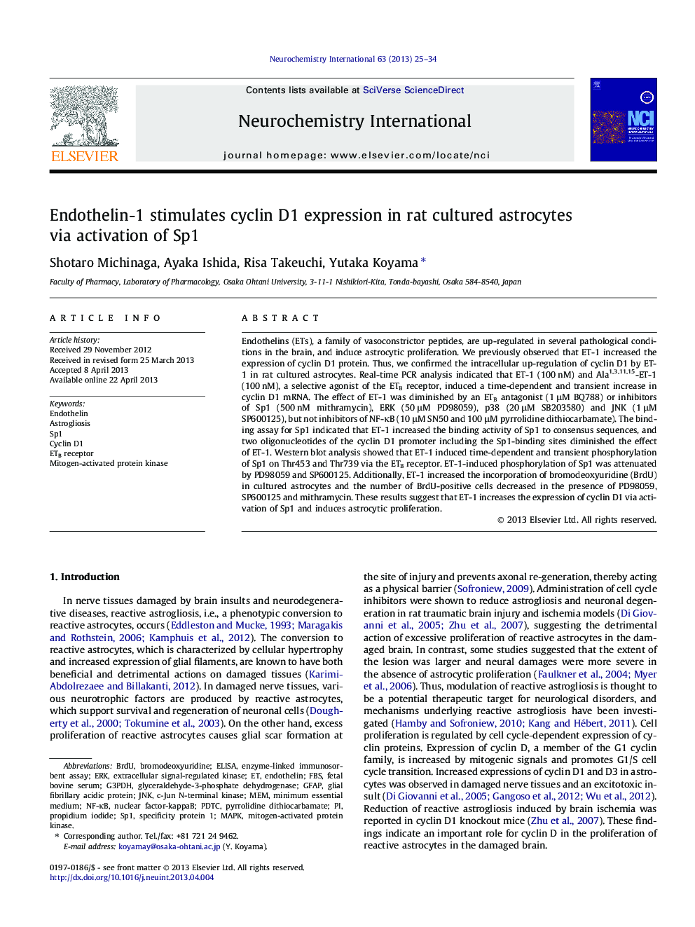 Endothelin-1 stimulates cyclin D1 expression in rat cultured astrocytes via activation of Sp1