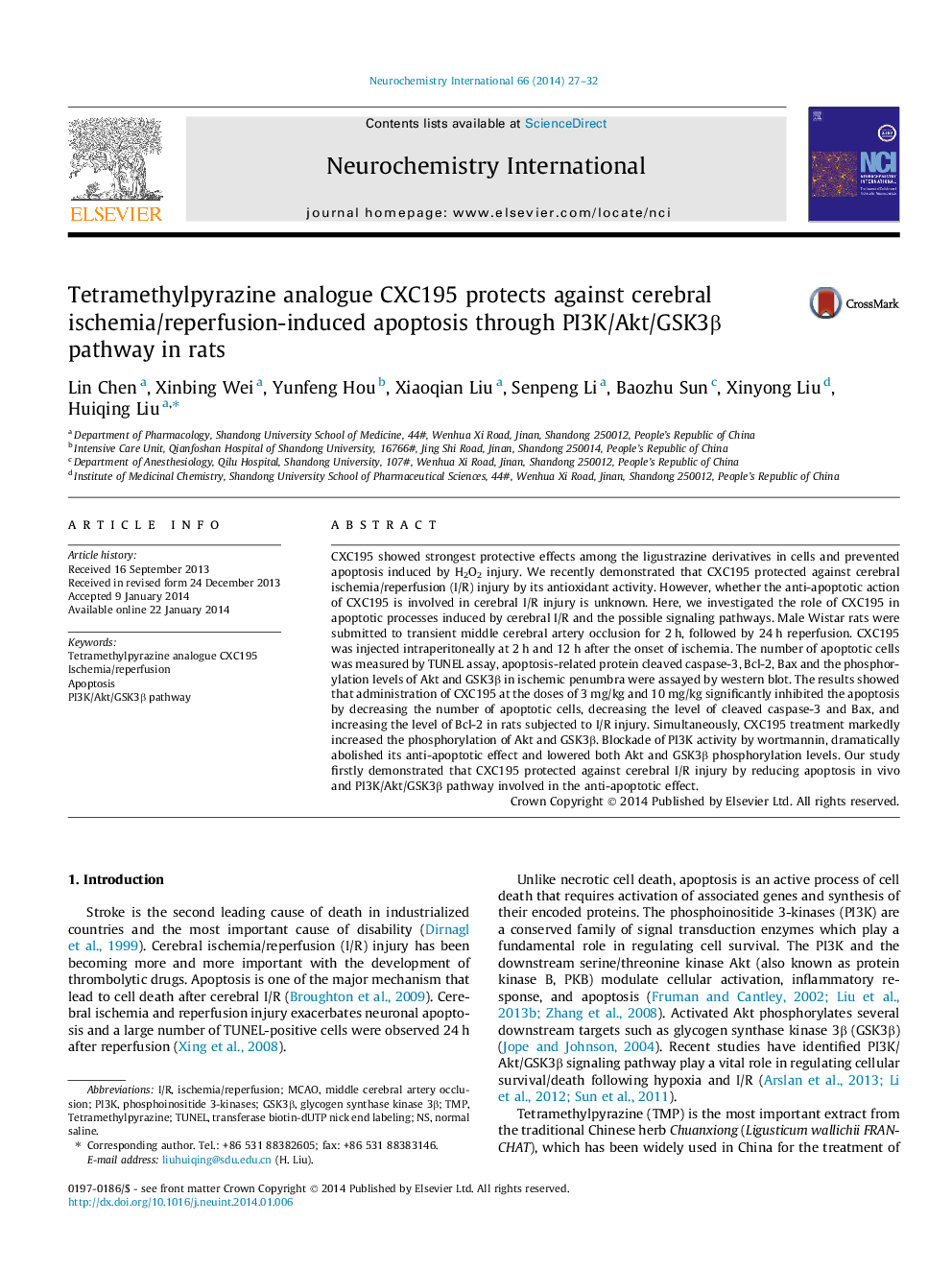 Tetramethylpyrazine analogue CXC195 protects against cerebral ischemia/reperfusion-induced apoptosis through PI3K/Akt/GSK3β pathway in rats