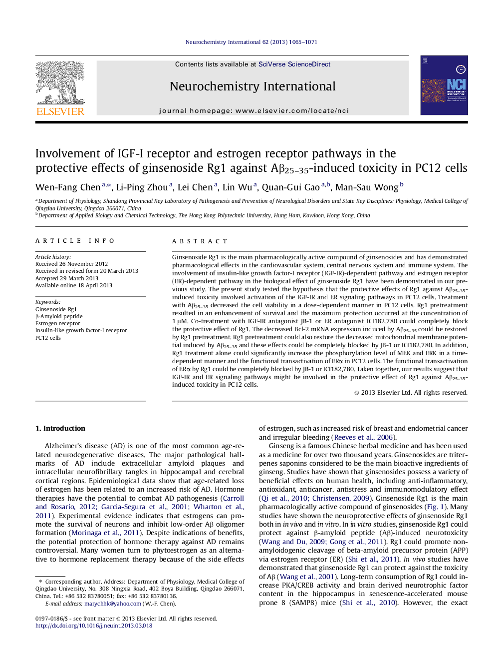 Involvement of IGF-I receptor and estrogen receptor pathways in the protective effects of ginsenoside Rg1 against Aβ25–35-induced toxicity in PC12 cells