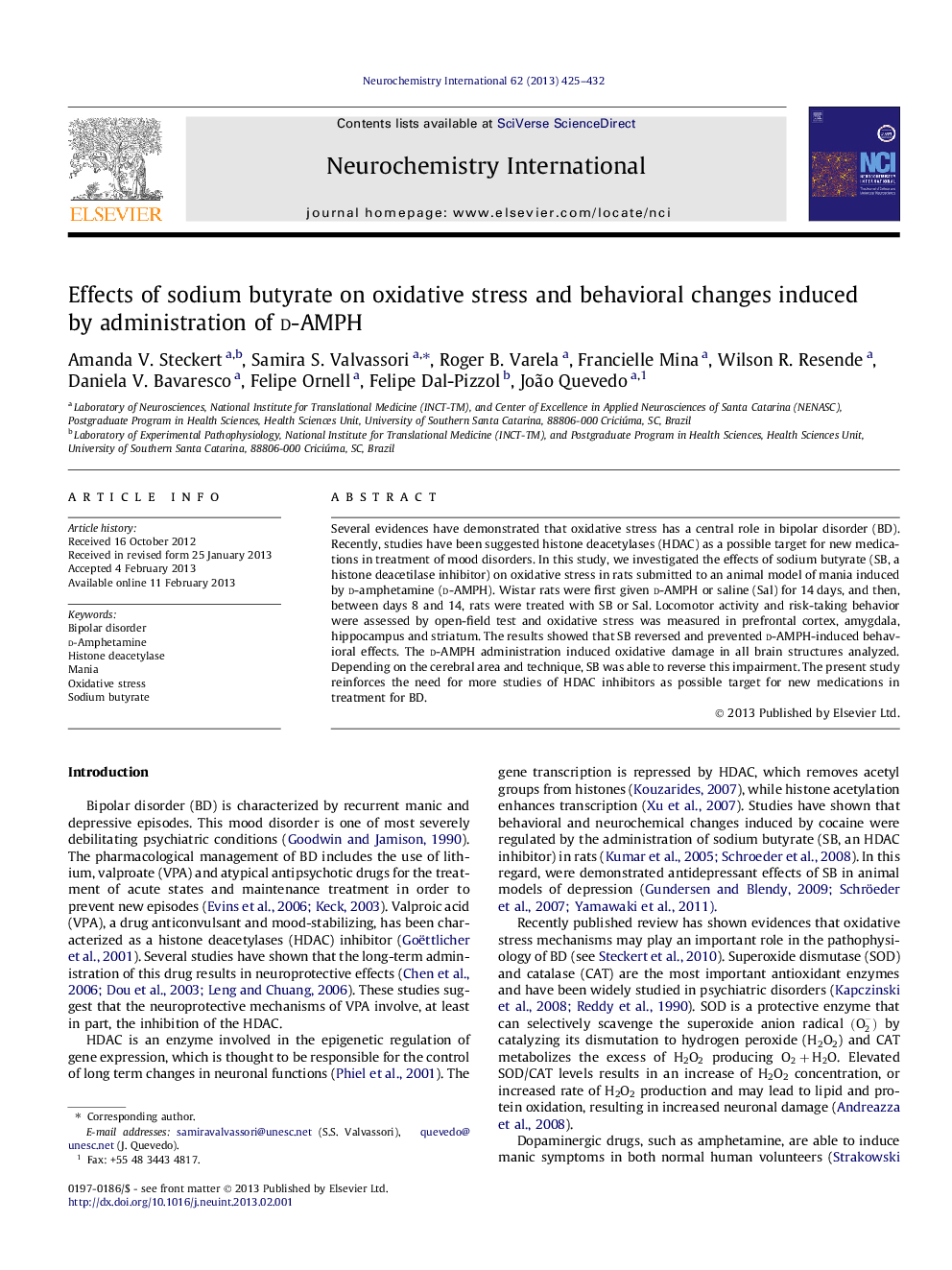 Effects of sodium butyrate on oxidative stress and behavioral changes induced by administration of d-AMPH