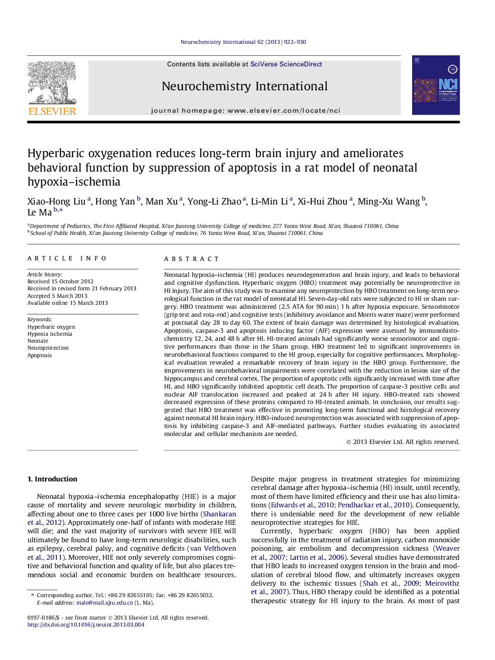 Hyperbaric oxygenation reduces long-term brain injury and ameliorates behavioral function by suppression of apoptosis in a rat model of neonatal hypoxia–ischemia