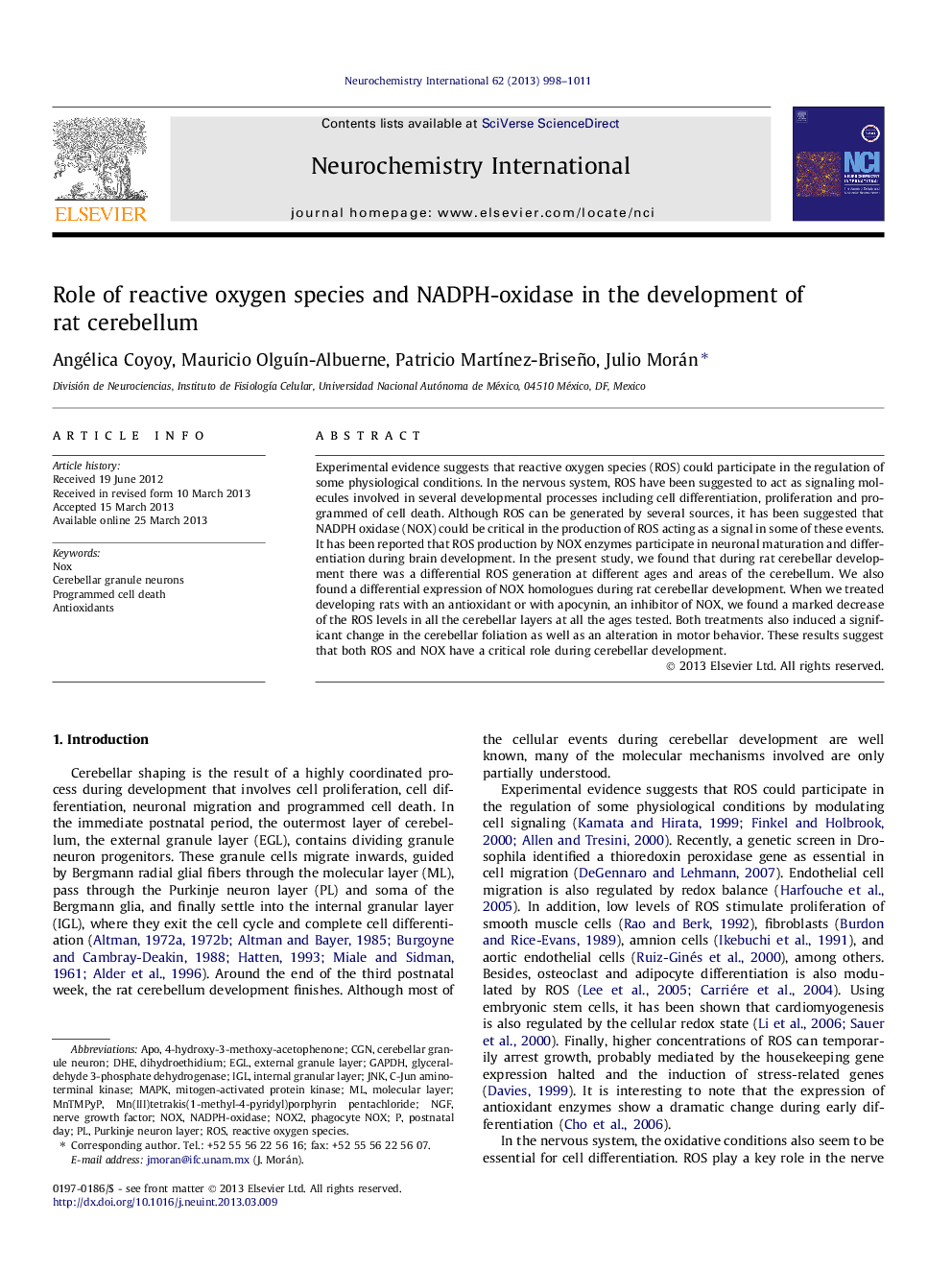 Role of reactive oxygen species and NADPH-oxidase in the development of rat cerebellum