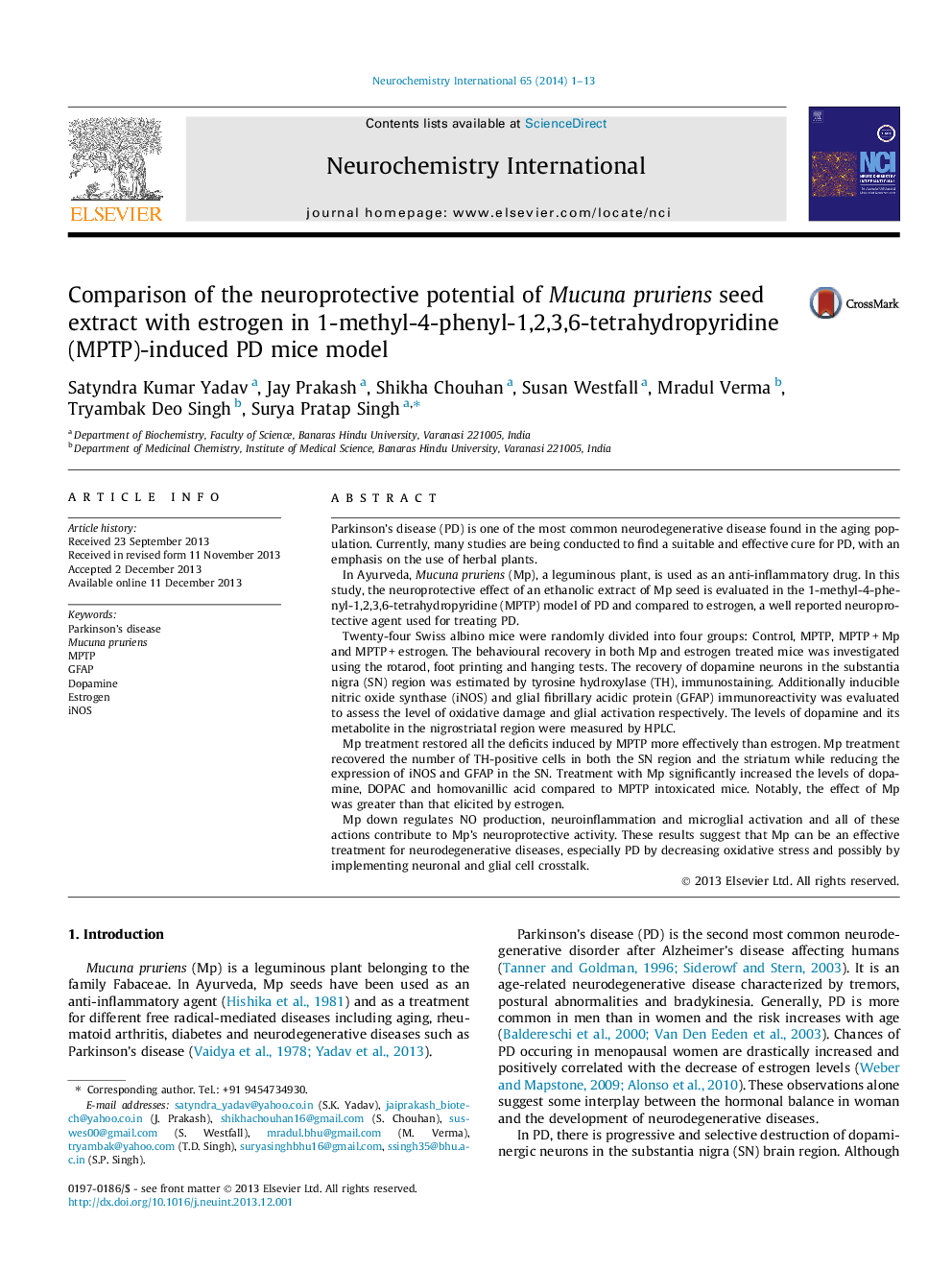 Comparison of the neuroprotective potential of Mucuna pruriens seed extract with estrogen in 1-methyl-4-phenyl-1,2,3,6-tetrahydropyridine (MPTP)-induced PD mice model