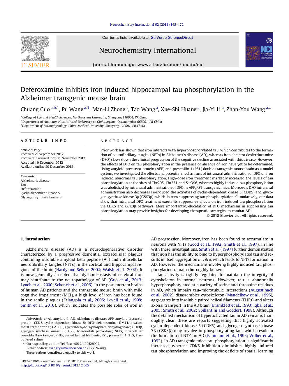 Deferoxamine inhibits iron induced hippocampal tau phosphorylation in the Alzheimer transgenic mouse brain