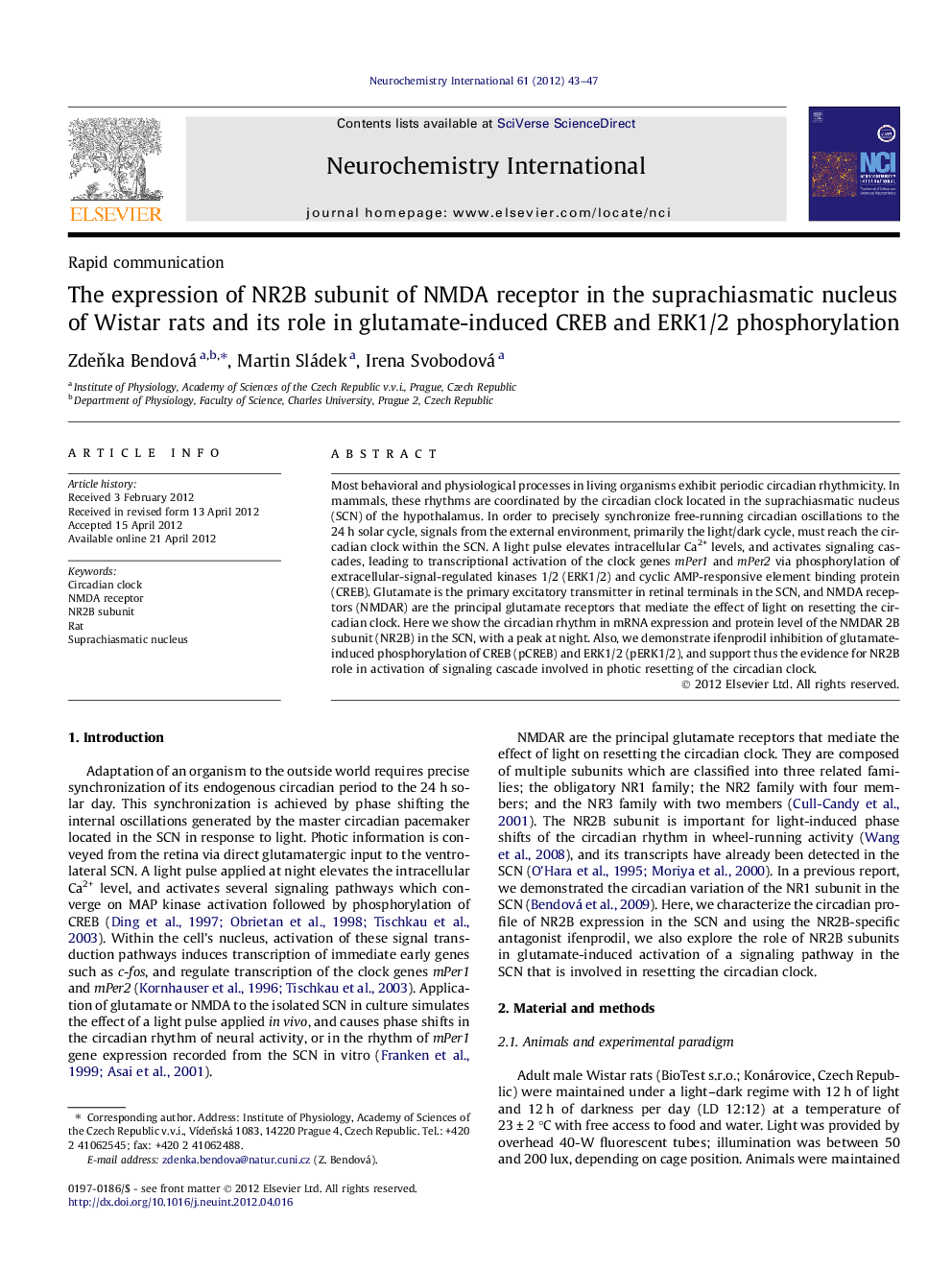 The expression of NR2B subunit of NMDA receptor in the suprachiasmatic nucleus of Wistar rats and its role in glutamate-induced CREB and ERK1/2 phosphorylation