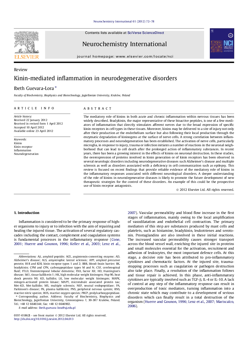 Kinin-mediated inflammation in neurodegenerative disorders