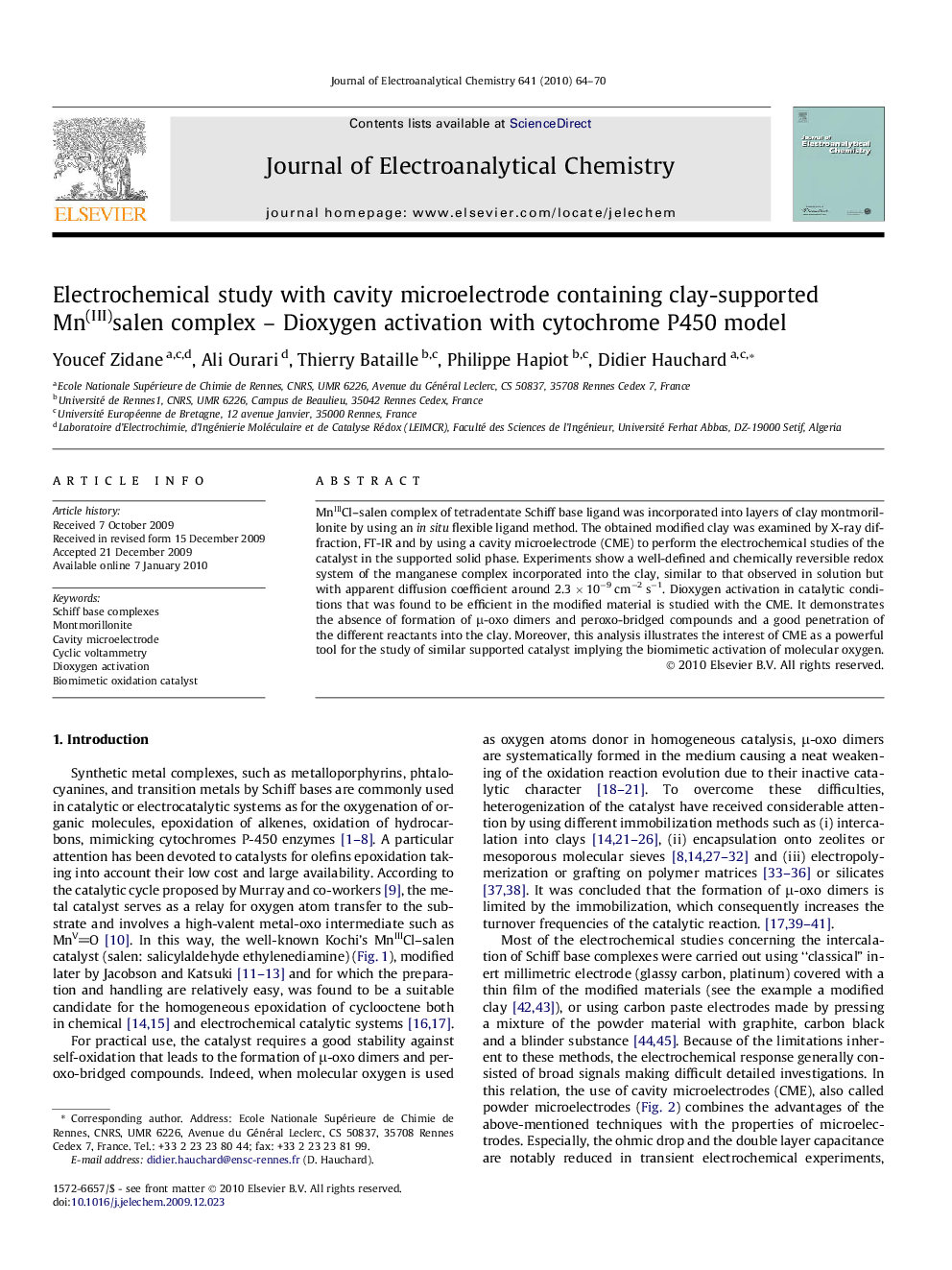 Electrochemical study with cavity microelectrode containing clay-supported Mn(III)salen complex – Dioxygen activation with cytochrome P450 model