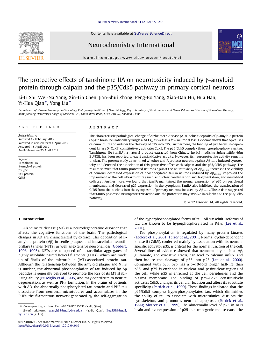 The protective effects of tanshinone IIA on neurotoxicity induced by β-amyloid protein through calpain and the p35/Cdk5 pathway in primary cortical neurons