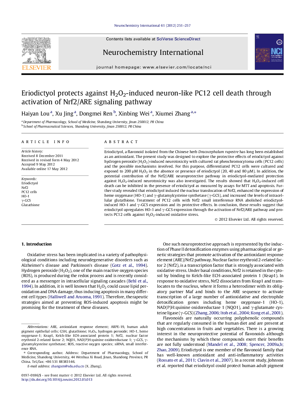 Eriodictyol protects against H2O2-induced neuron-like PC12 cell death through activation of Nrf2/ARE signaling pathway