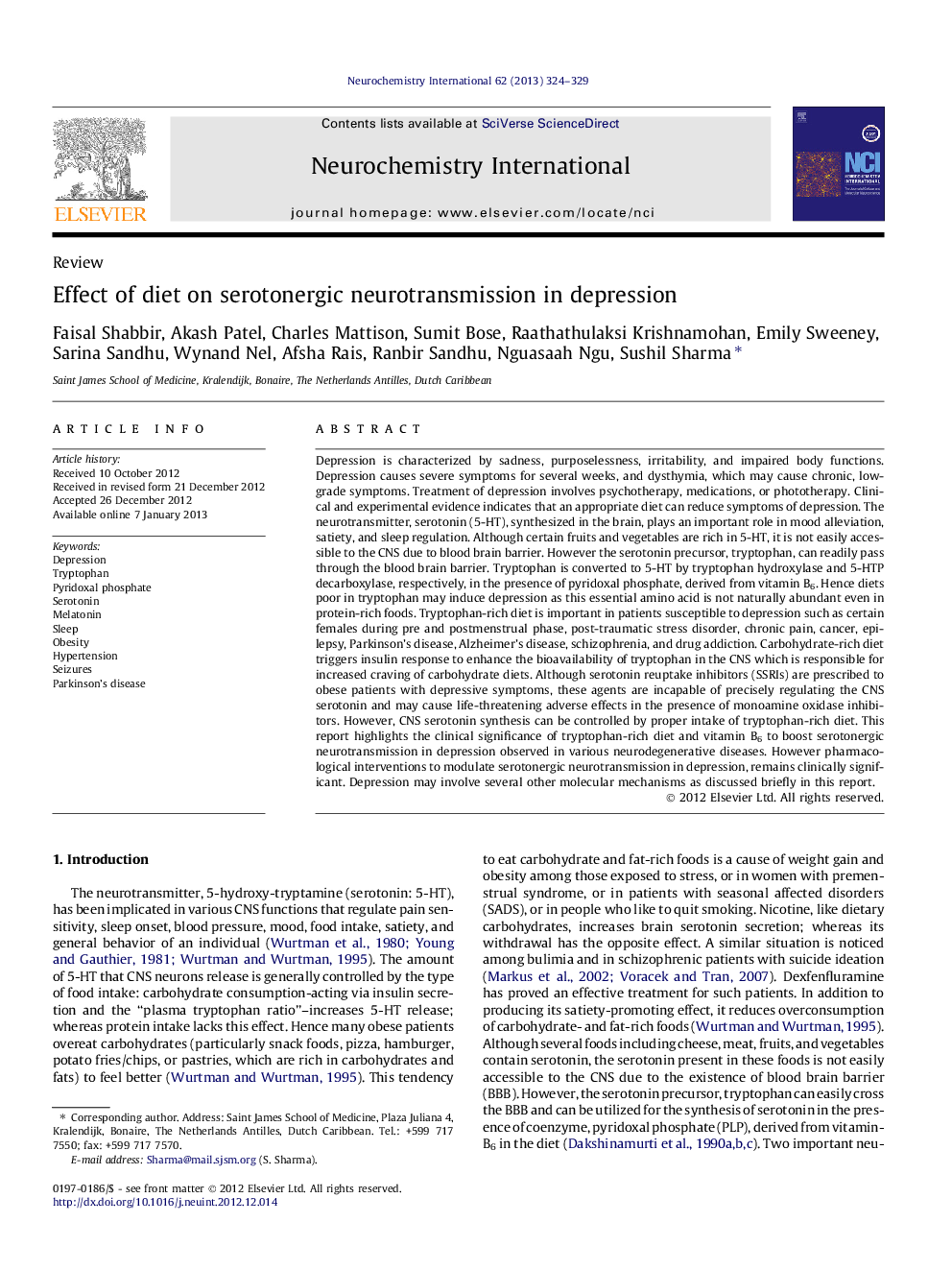 Effect of diet on serotonergic neurotransmission in depression