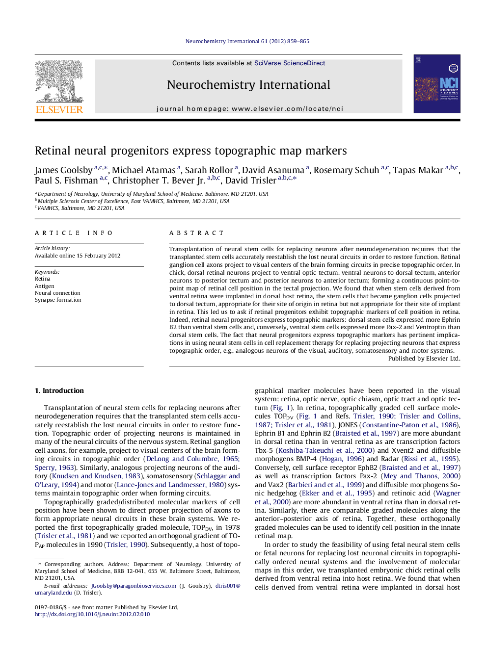 Retinal neural progenitors express topographic map markers