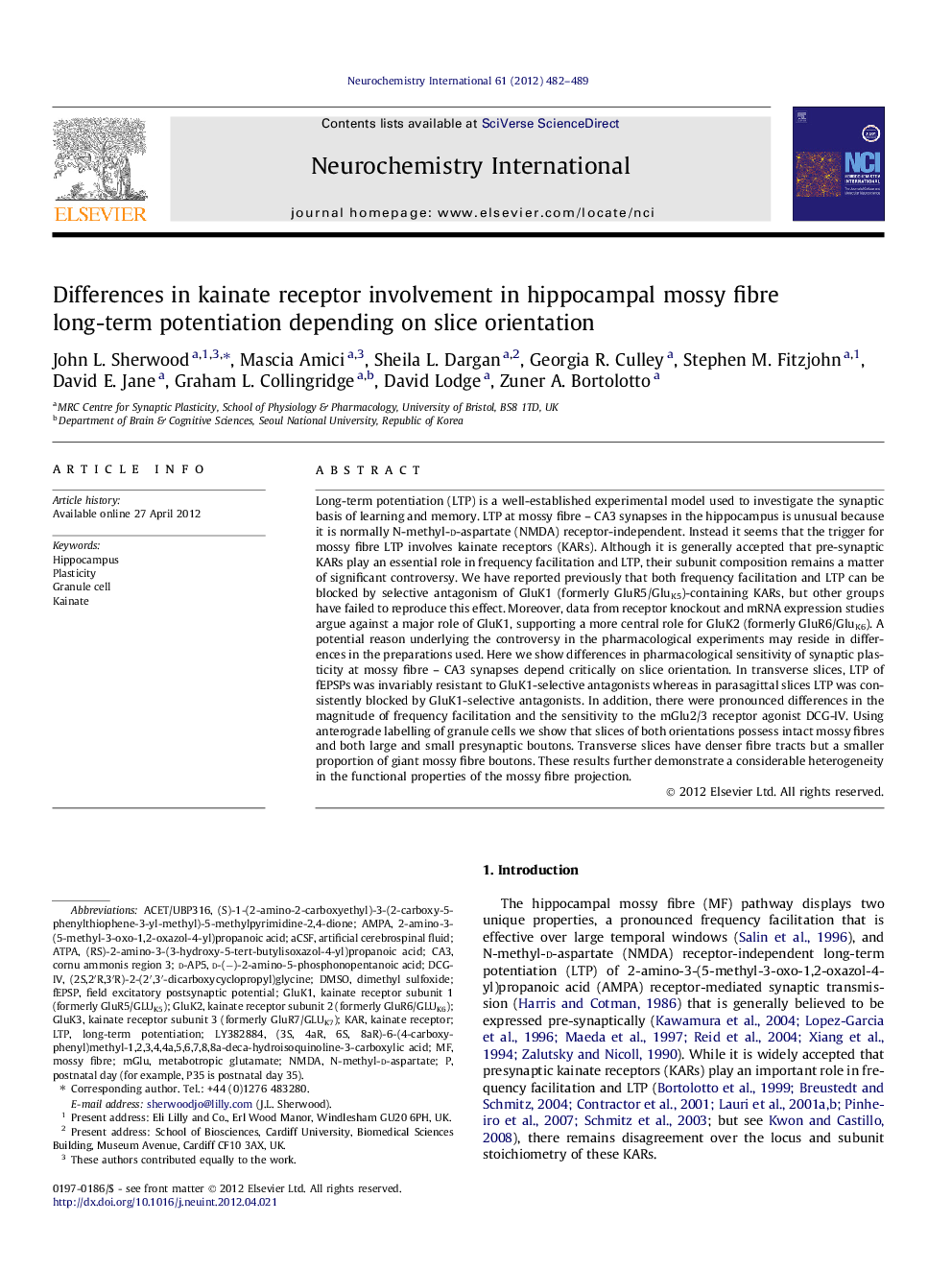 Differences in kainate receptor involvement in hippocampal mossy fibre long-term potentiation depending on slice orientation