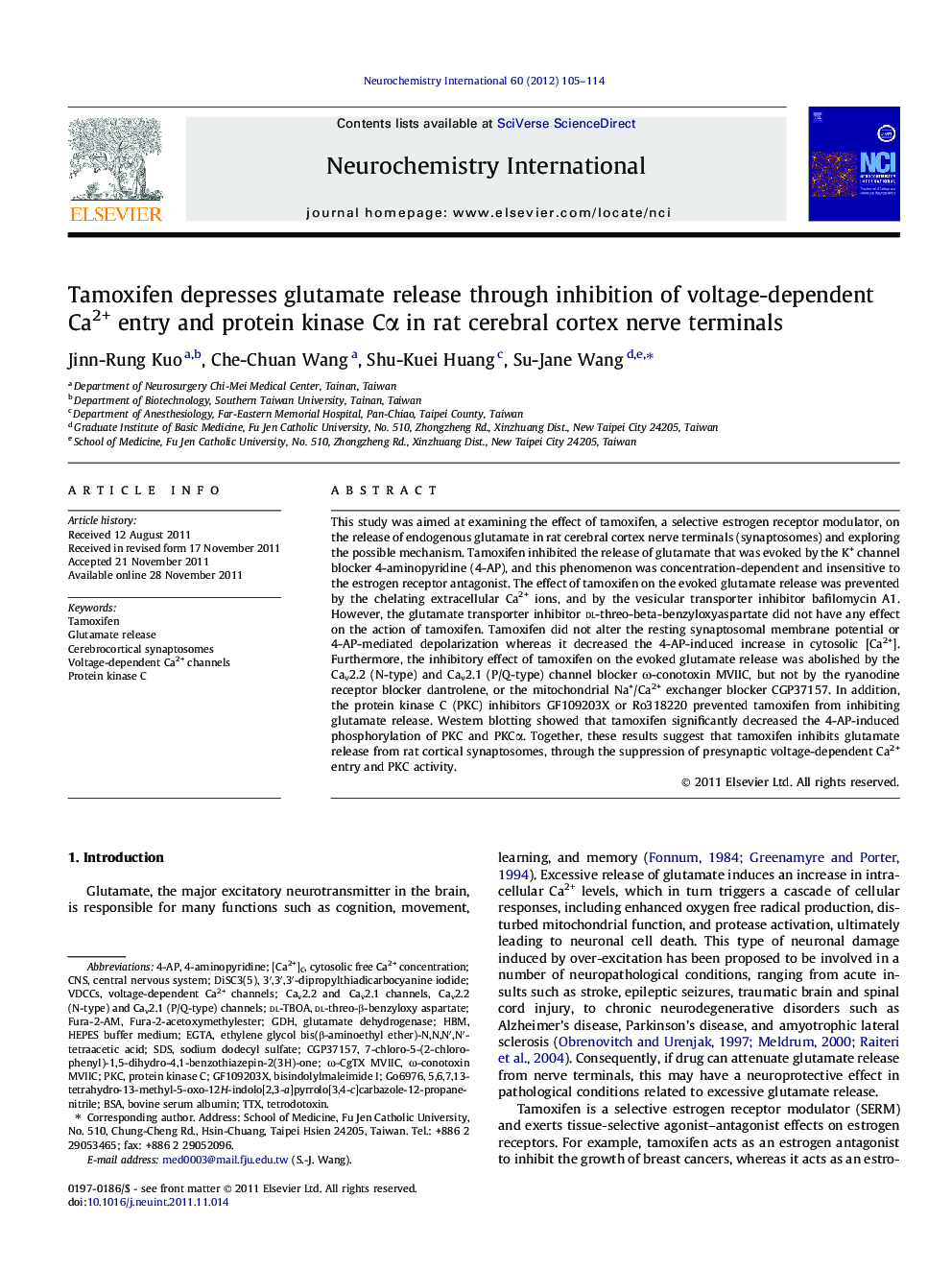 Tamoxifen depresses glutamate release through inhibition of voltage-dependent Ca2+ entry and protein kinase Cα in rat cerebral cortex nerve terminals