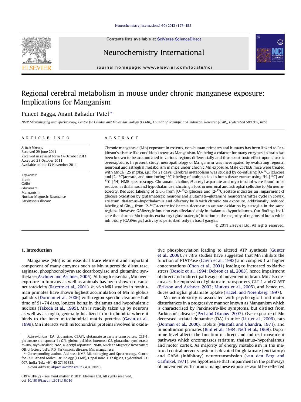 Regional cerebral metabolism in mouse under chronic manganese exposure: Implications for Manganism