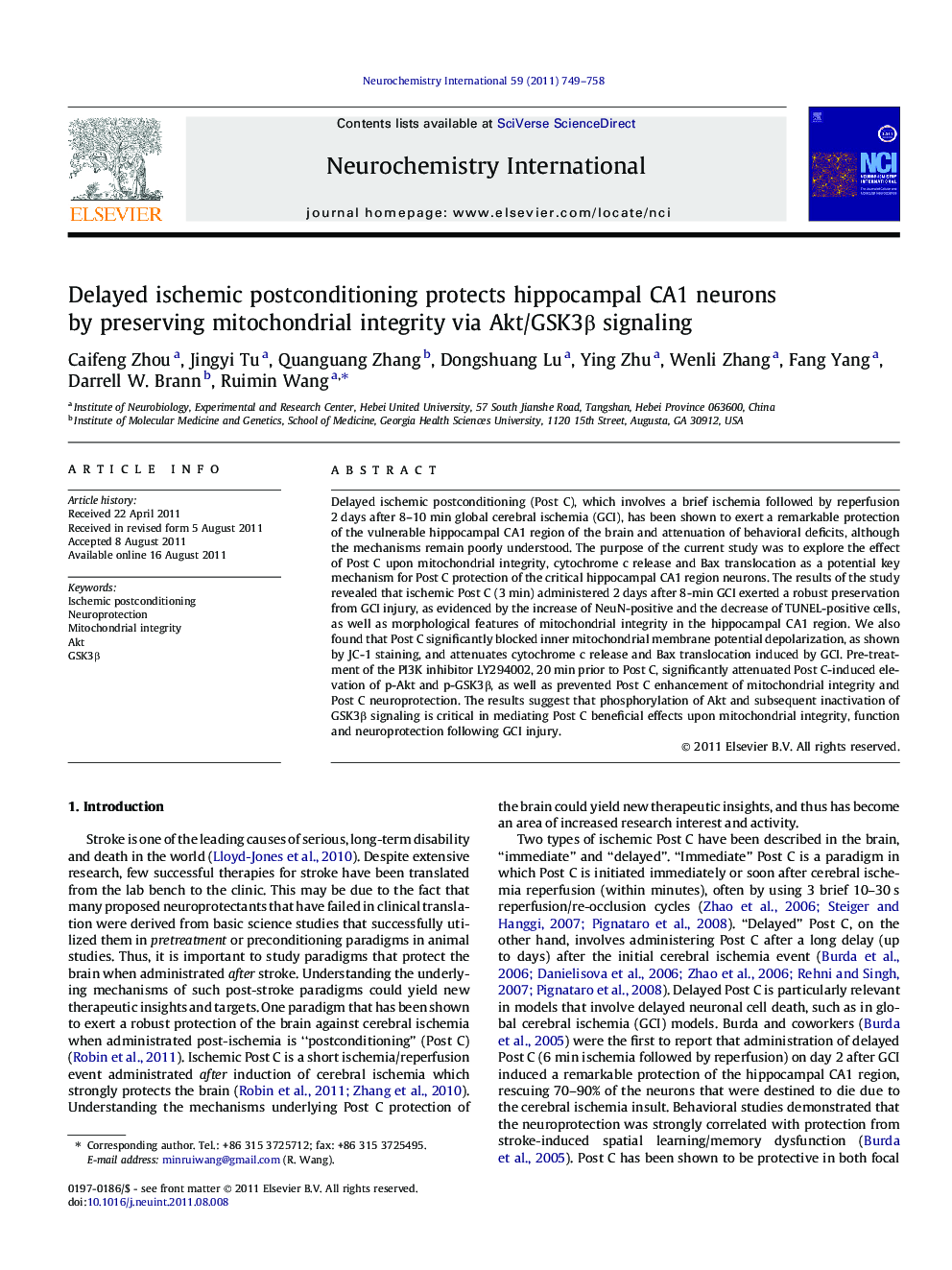 Delayed ischemic postconditioning protects hippocampal CA1 neurons by preserving mitochondrial integrity via Akt/GSK3β signaling