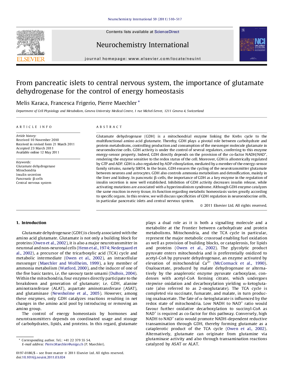 عکس صفحه اول مقاله: From pancreatic islets to central nervous system, the importance of glutamate dehydrogenase for the control of energy homeostasis From pancreatic islets to central nervous system, the importance of glutamate dehydrogenase for the control of energy homeostasis