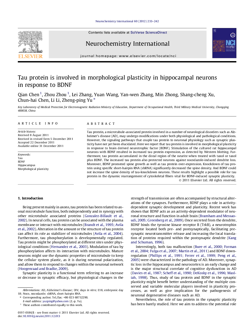 Tau protein is involved in morphological plasticity in hippocampal neurons in response to BDNF