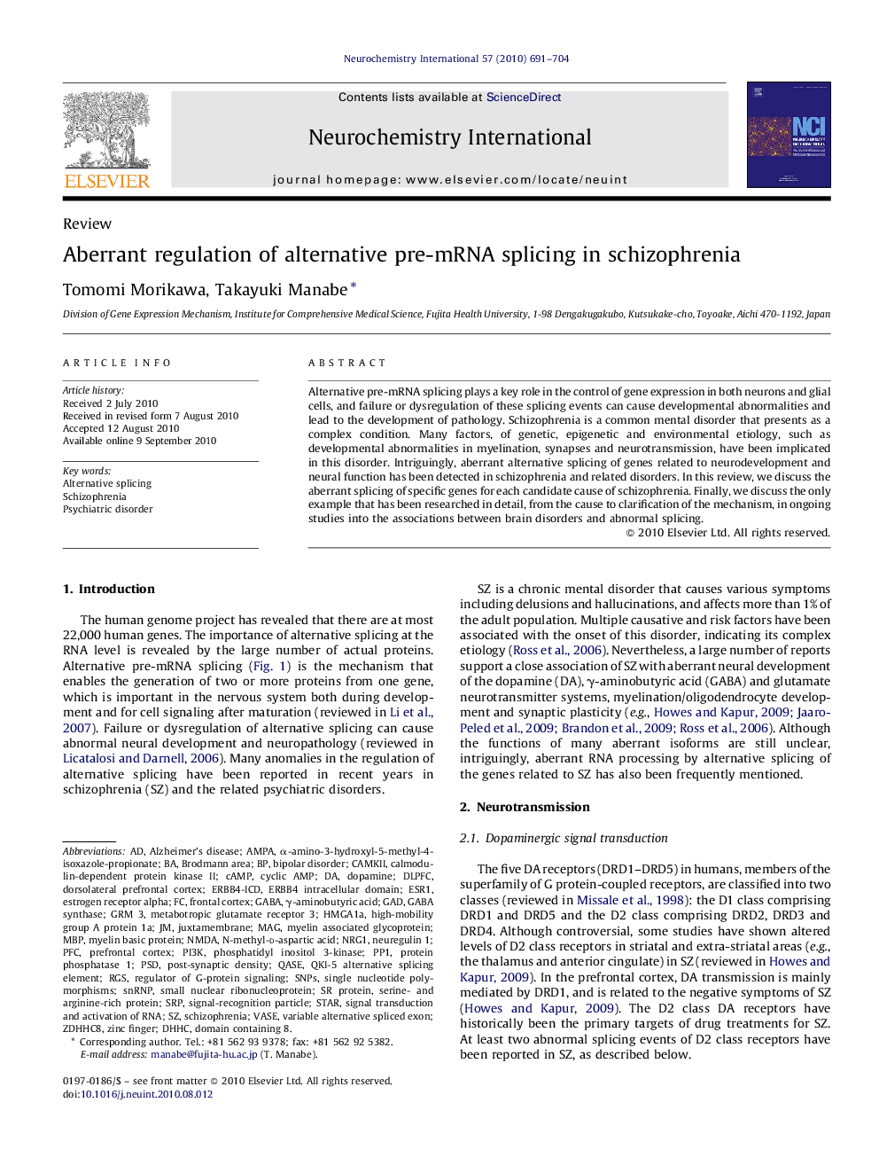 Aberrant regulation of alternative pre-mRNA splicing in schizophrenia