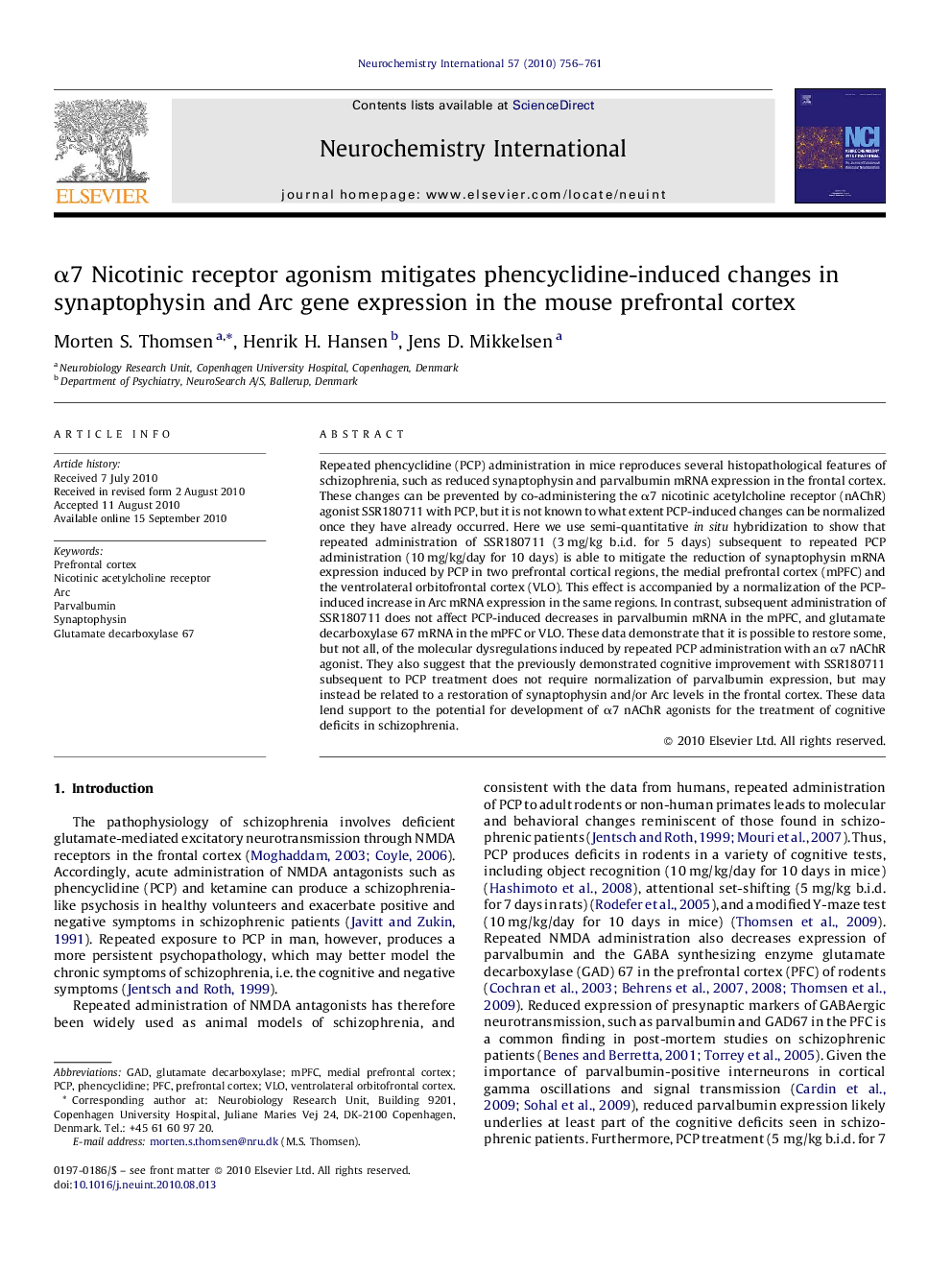 α7 Nicotinic receptor agonism mitigates phencyclidine-induced changes in synaptophysin and Arc gene expression in the mouse prefrontal cortex